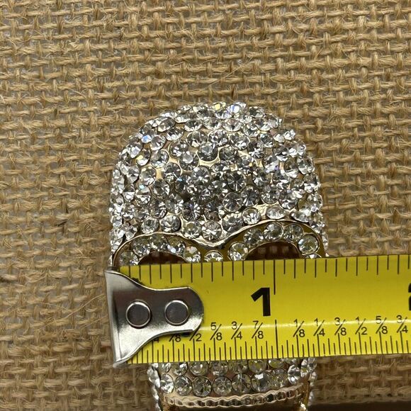 Clear Rhinestones Gold Tone Skull Bling Bling Wrist Buckle W/ Bracelet Strap - Picture 6 of 12